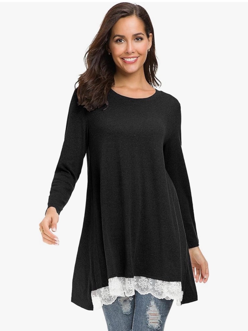 NWOT Women's Long Sleeve Black Swing A-line Shirt Loose Tunic Blouse White Lace